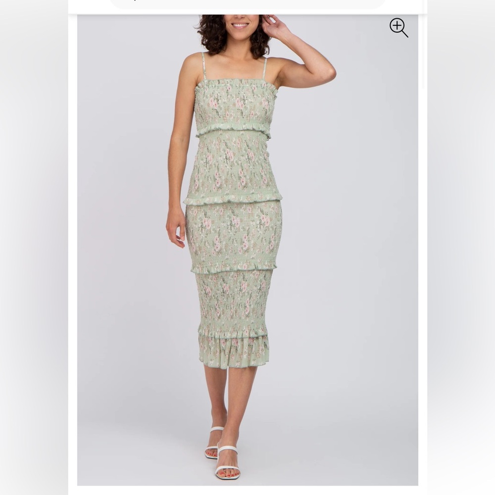 Sage Floral Smocked Fitted Midi Dress Worn Once!